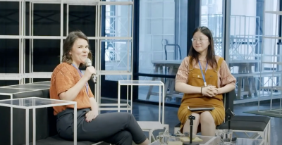Photo of Caroline Dault and Yanlin Zhao, recording a podcast live at the conference Photo of Caroline Dault and Yanlin Zhao, recording a podcast live at the conference