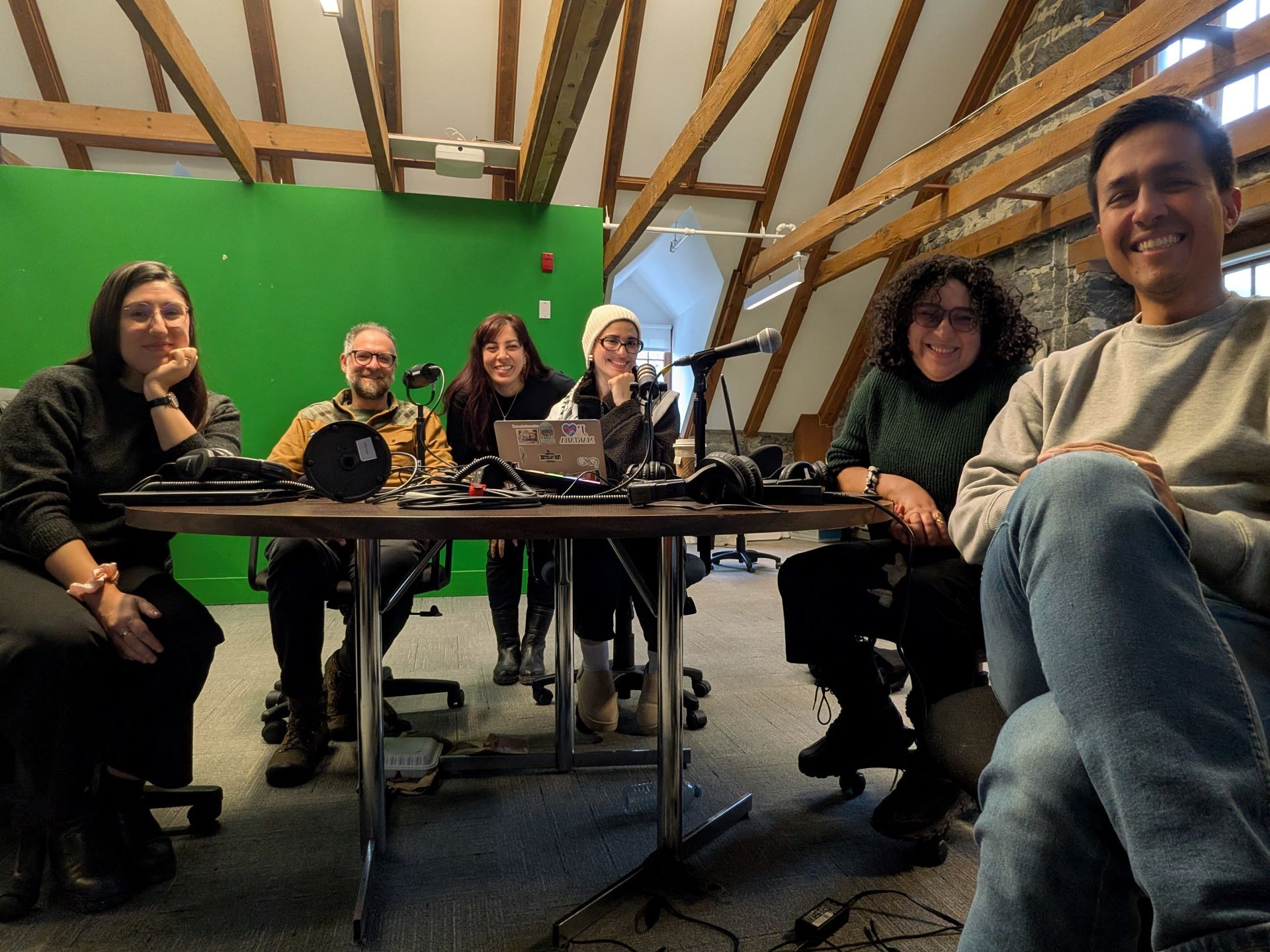 Neslihan Sriram and Guillaume Jabbour (left) with fellow students at a recent podcasting workshop led by Jabbour.