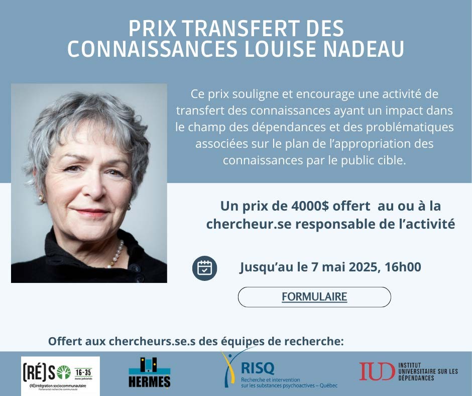 Prix_transfert_connaissances_louise_nadeau portrait de louise nadeau à gauche. À droite, des informations présentant le prix de transfert de connaissances et des informations sur son admissibilité.