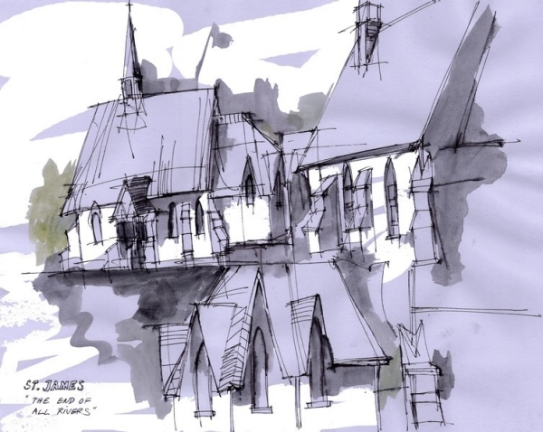 Drawing in ink and purple of St. James Anglican church in Cacouna, offering three different views of the church.