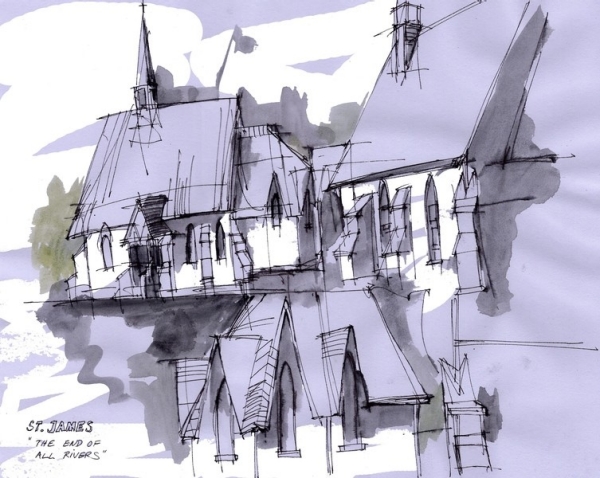 Church Three Views Drawing in ink and purple of St. James Anglican church in Cacouna, offering three different views of the church.