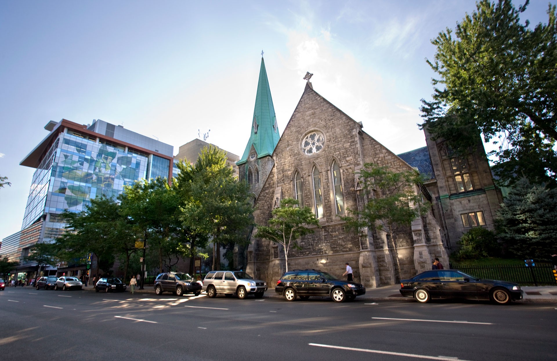 Concordia's EV building in background and church in foreground.