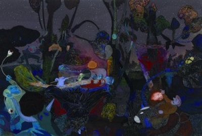 Betino Assa, Gathering in the forest, 12 am, Acrylic on engraved plexiglass, 32" x 49", Dec. 2011