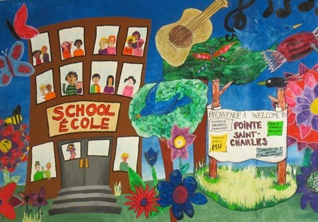 Detail, the St. Columba House banner as installed in the gym. Artists: Ann-Lisa Kissi, Julie Parenteau, and Mélanie Tully, and participants in the grades 4,5,6 after school program.