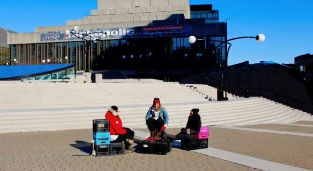 Still from stop motion video Les bancs, intervention at Place des Arts, with Marie-Claude Lacroix, Leo Maraviglia, Anna Lopes and Katherine Dubreuil.