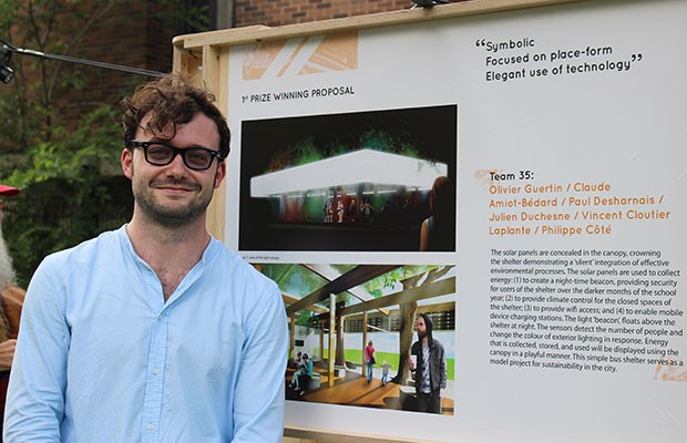 Olivier Guertin, one of the architects from Team 35 the won first prize in the Loyola Solar Powered Bus Shelter Competition