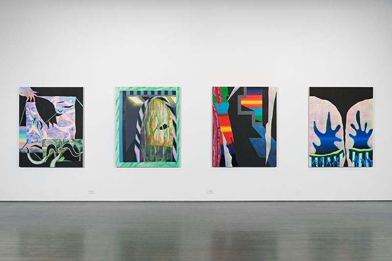 Lauren Pelc McArthur, from left to right: DuoSifter Snap; Liquidation Strategy to Official Space; Sprite Riot; Think, Simpson, Think, 2019. Acrylic and oil on canvas, 152.4 x 101.6 cm each. Installation view, Leonard & Bina Ellen Art Gallery. Photo: Paul Litherland/Studio Lux.