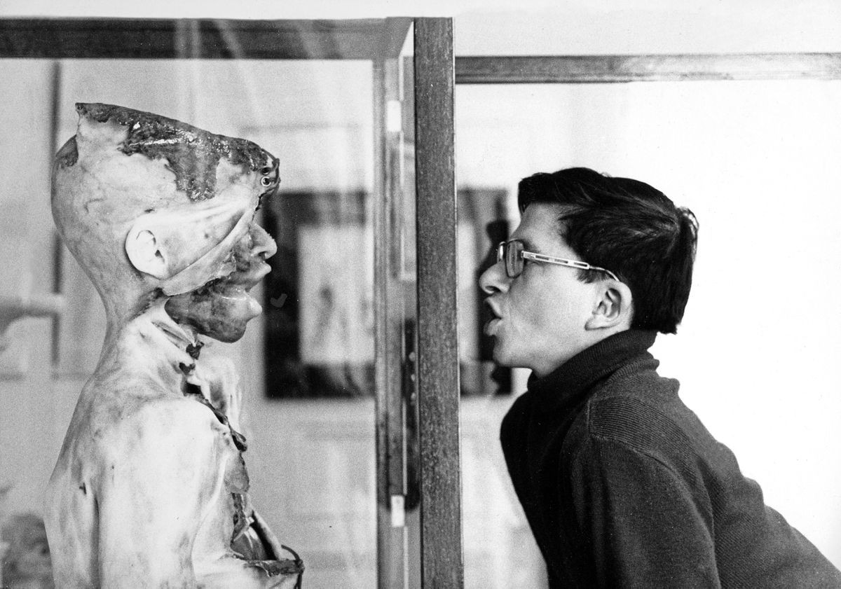 Mark Prent with one of his sculptures at his Montreal gallery, c. March, 1977. Credit: Esmond Choueke/Handout