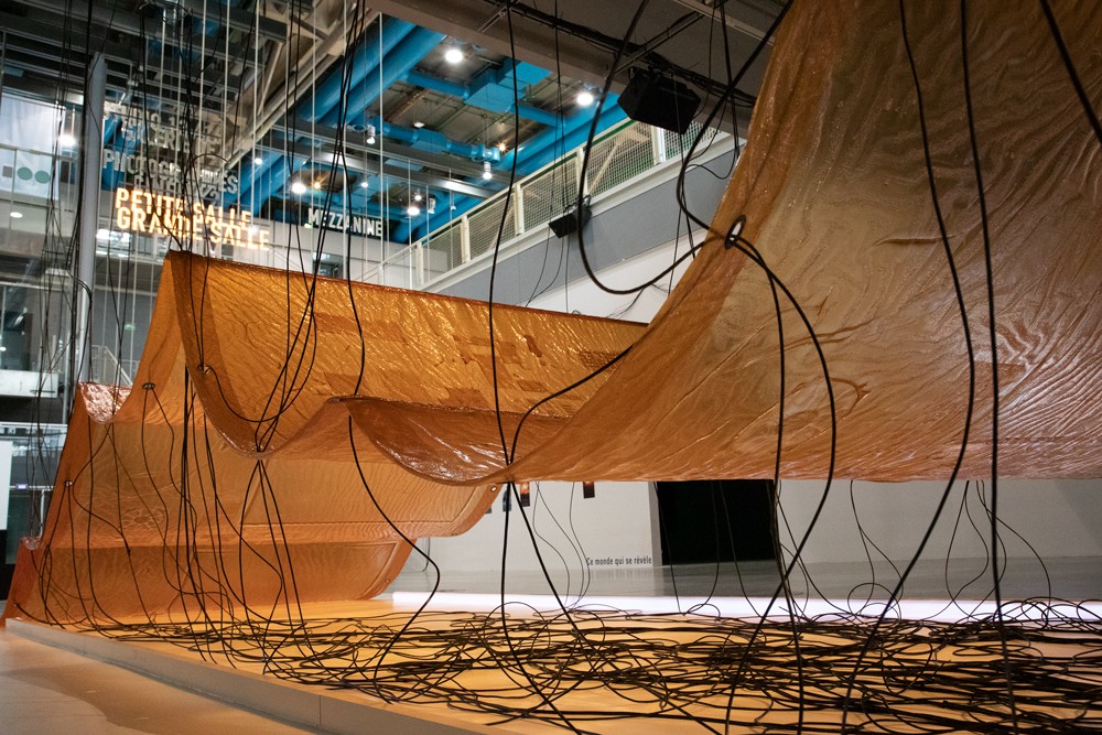 The bioplastic membrane and site-specific installation Fossilation at the Pompidou Center, Feb. 2021.