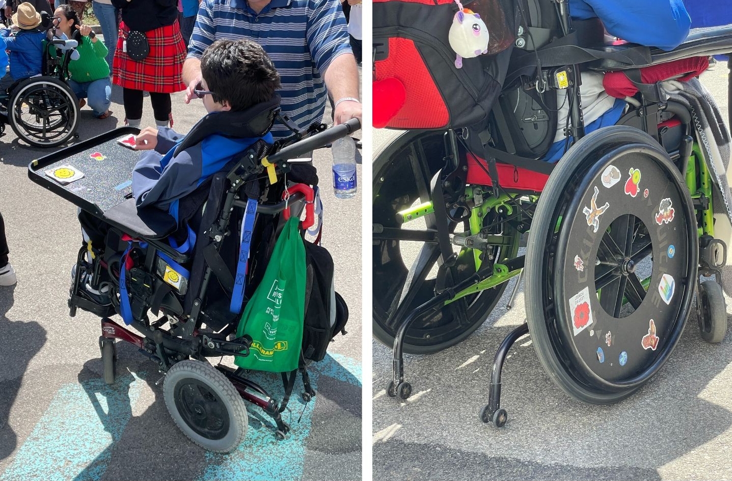 A young woman in a motorized wheelchair places stickers on a tray