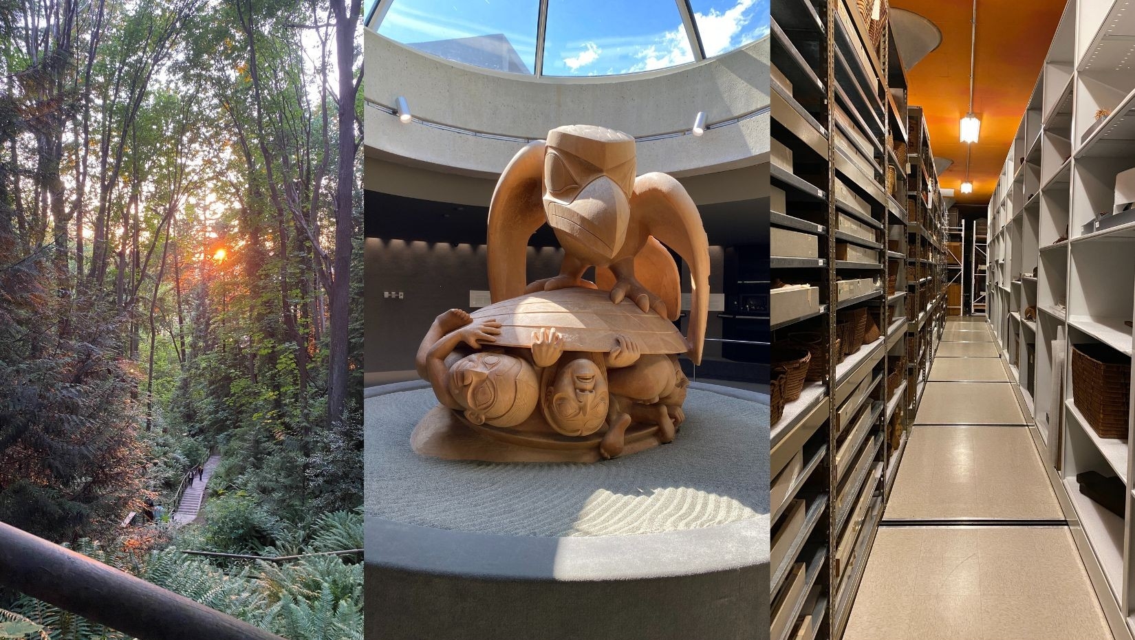 3 images, one of a British Columbia forest, one of an indigenous sculpture and one of a library