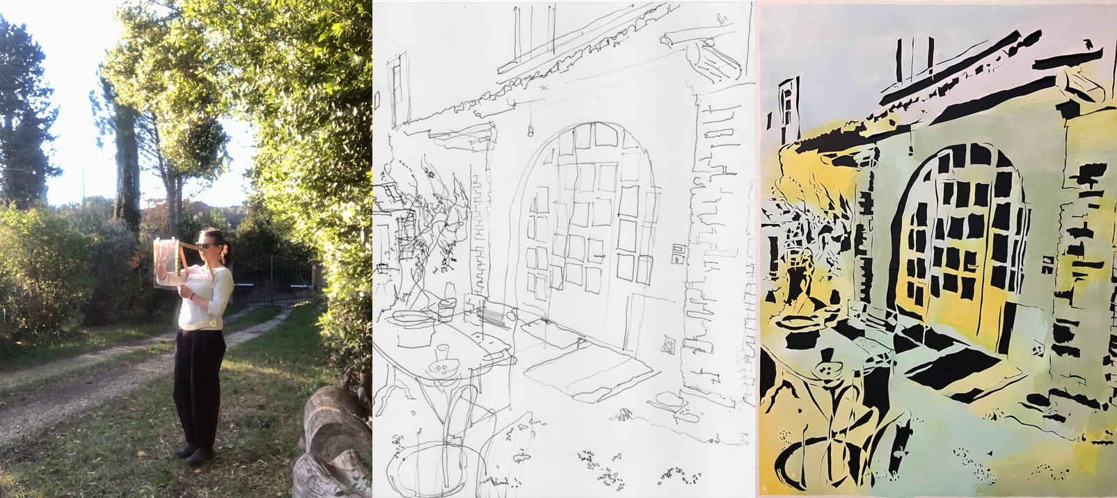 Woman standing outside with acetate then drawing and then a more finished version with colour