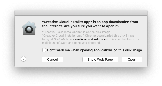 Mac OS security dialog warning that “Creative Cloud Installer.app” was downloaded from the internet and asking, “Are you sure you want to open it?”
