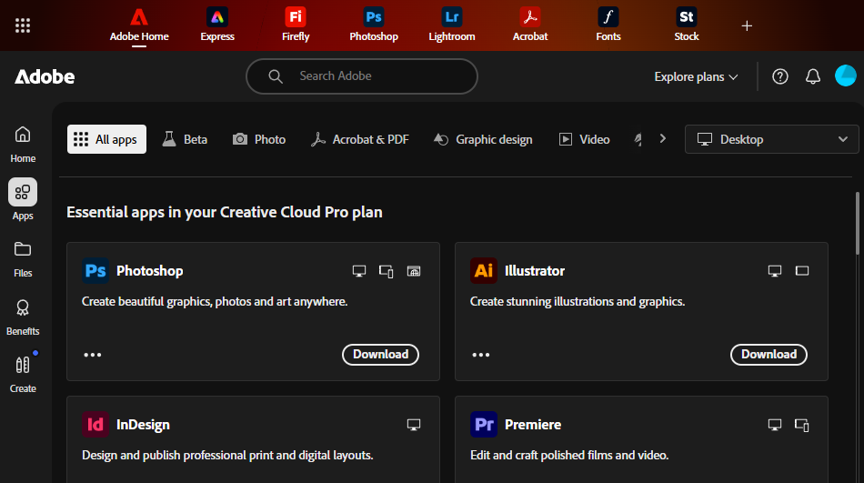 Adobe Creative Cloud account “Apps” page showing an active subscription. A section titled “Essential apps in your Creative Cloud plan” lists applications including Photoshop, Illustrator etc, each with an “Download” button.