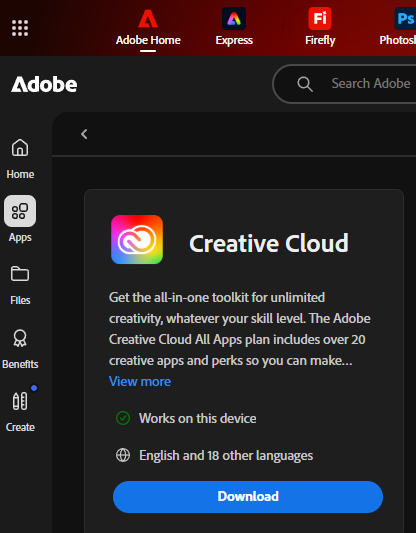 Adobe Creative Cloud interface showing the “Apps” section. The Creative Cloud card is centered, describing the all-in-one toolkit. A blue “Download” button appears below.