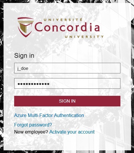 Concordia University sign-in page with the university logo at the top. The form shows a username field filled with “j_doe” and a password field with hidden characters. Below is a red “SIGN IN” button