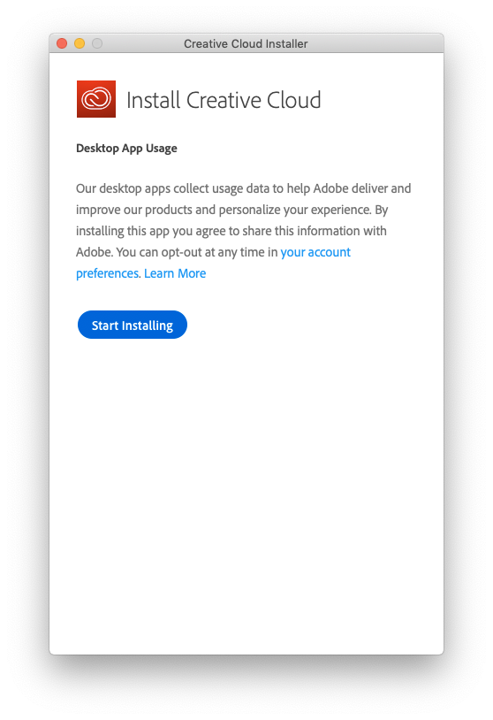 Mac OS “Creative Cloud Installer” window titled “Install Creative Cloud.” The screen includes a “Desktop App Usage” section explaining that Adobe collects usage data to improve products and personalize the experience, with references to account preferences and a “Learn More” link.