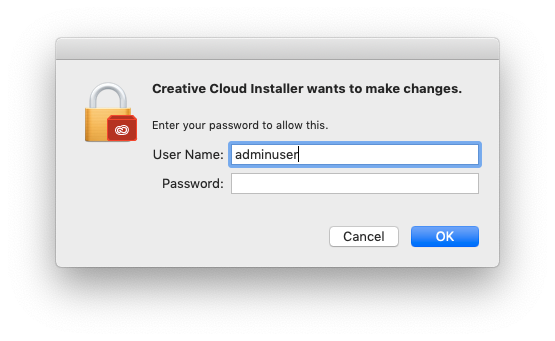 Mac OS authentication dialog stating “Creative Cloud Installer wants to make changes.” The prompt asks the user to enter a password to allow the action