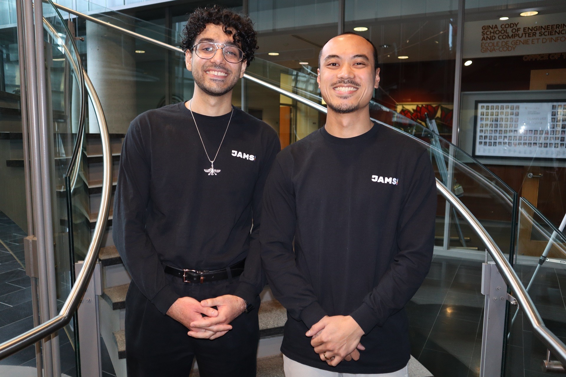  JAMS co-founders Seina Assadian and Joshua Castillo standing side by side at the Gina Cody School.