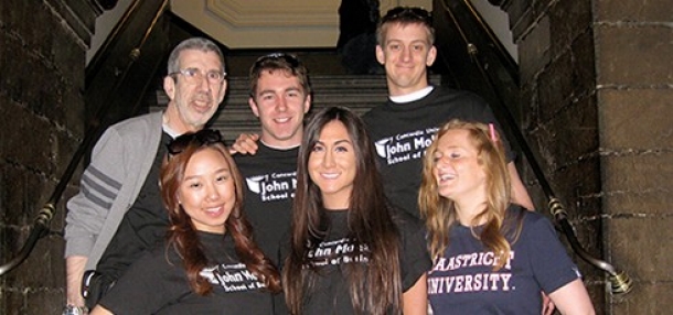 Photo left to right: Mark Haber (Coach), Nancy Peng, Antoine Audy-Julien, Alexandra Duffy, William Hall & their team host from Maastrict University in 2013.