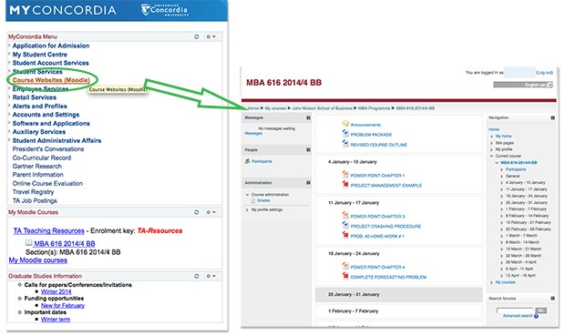 MyConcordia screenshot - where to find your Moodle course websites