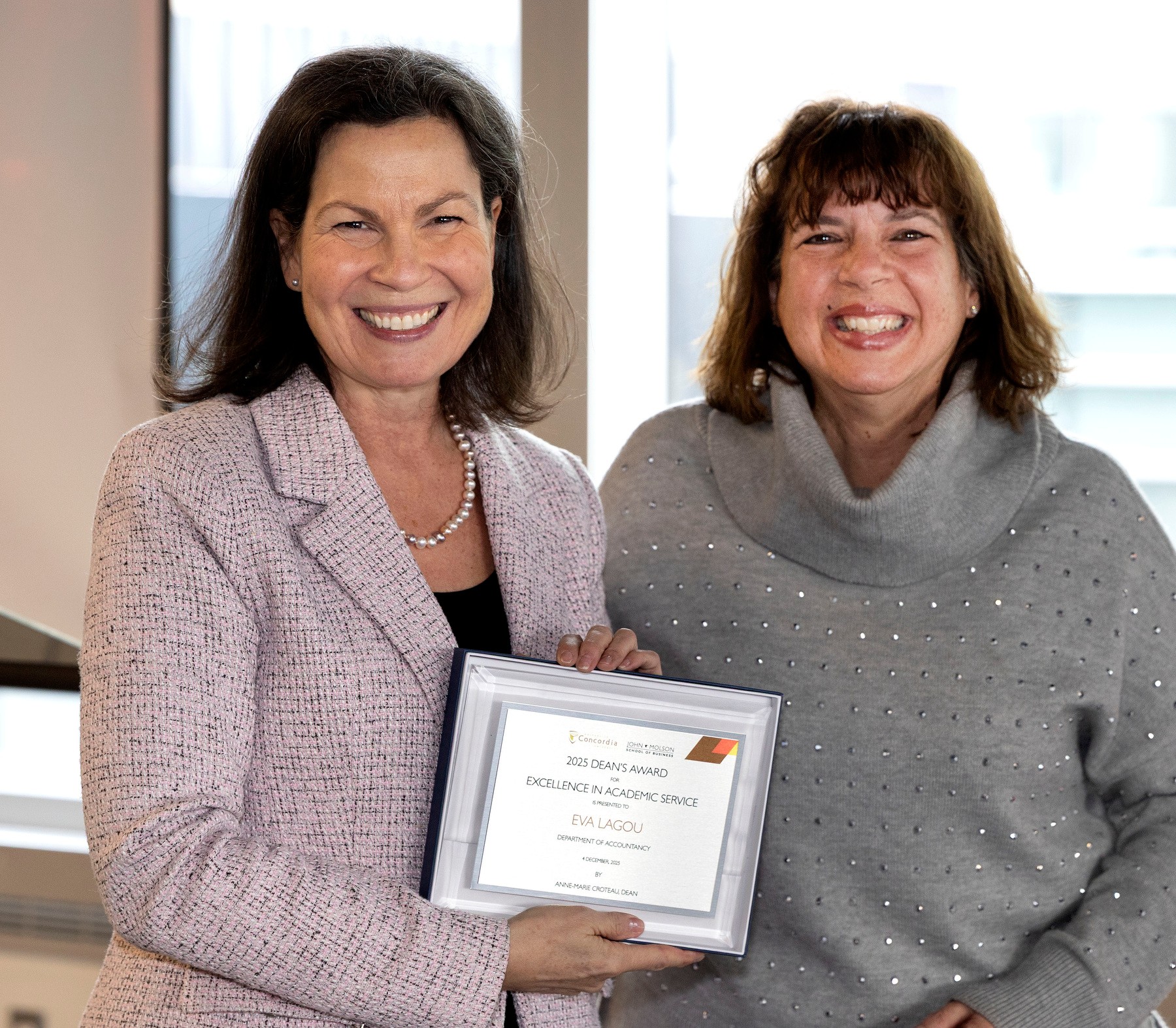 Anne-Marie Croteau, dean, with Eva Lagou, winner, Dean's Award for Academic Service 2025