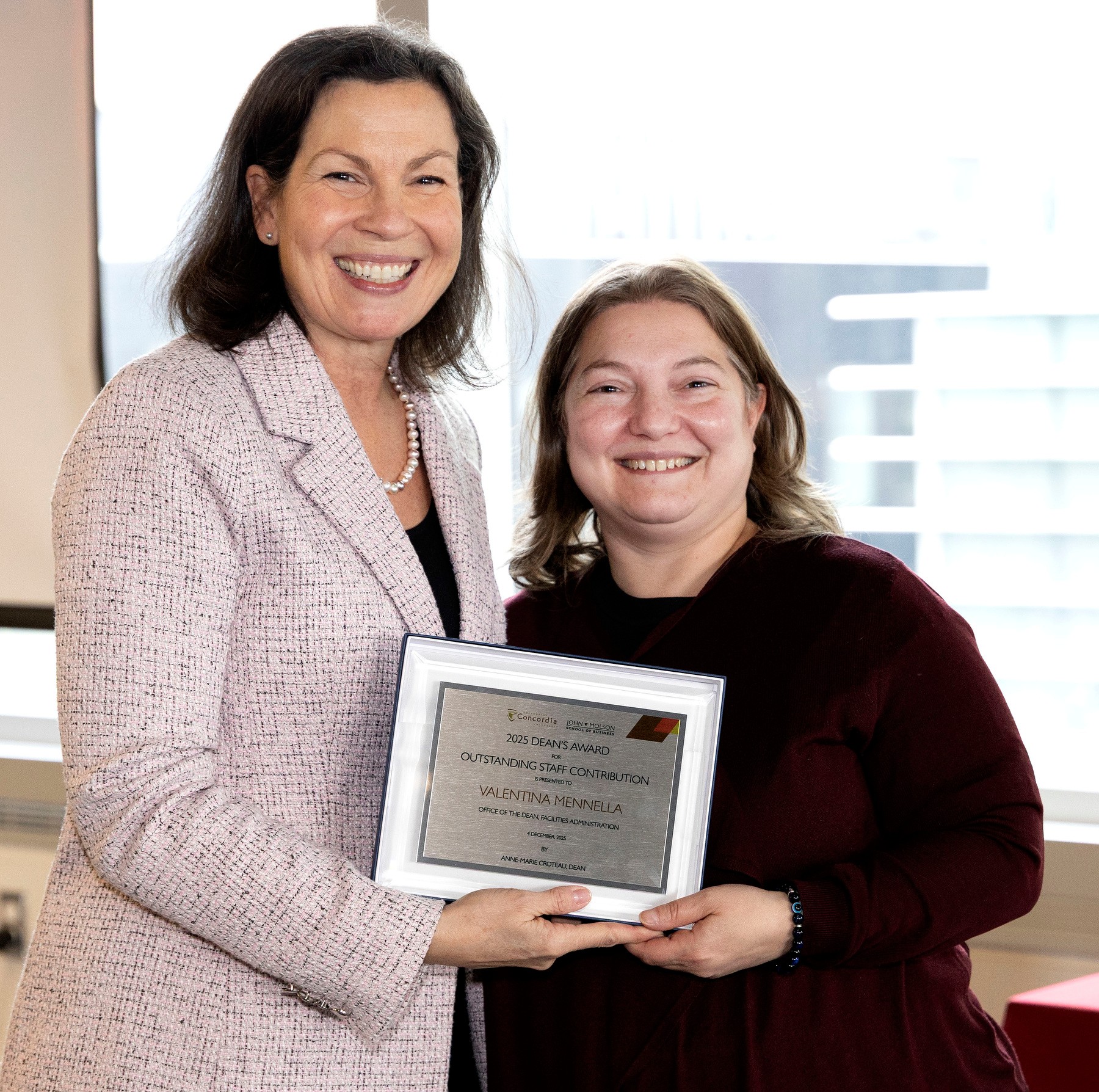 Anne-Marie Croteau, dean, with Valentina Mennella, winner of the Dean's Award for Staff Contribution Award 2025