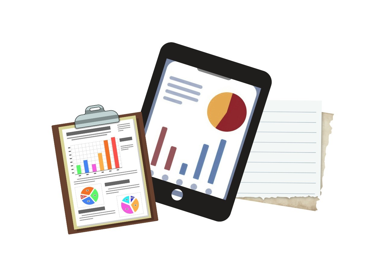 Graphic of a clipboard, ipad and note paper
