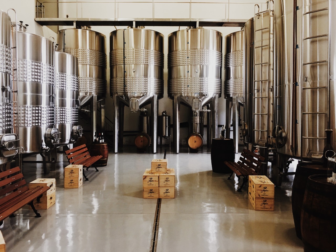 Fermentation tanks and barrels in beer brewing warehouse