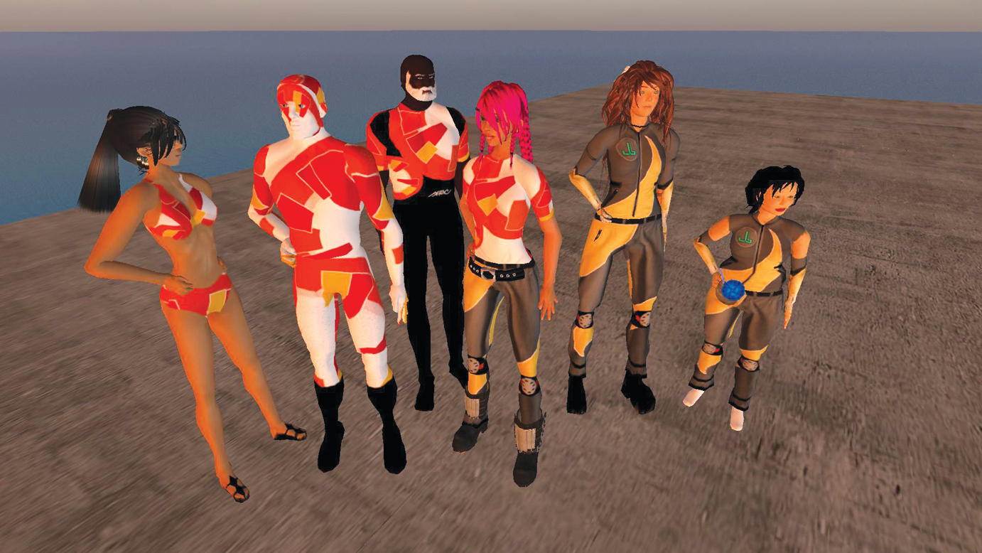 Concordia Professor Jason Lewis and alumna Skawennati Tricia Fragnito (both centre) co-founded Aboriginal Territories in Cyberspace with funding from the Social Sciences and the Humanities Research Council. This research lab builds worlds in Second Life andthe researchers at AbTec.org constructed these avatars of themselves. | Image courtesy of Skawennati Tricia Fragnito