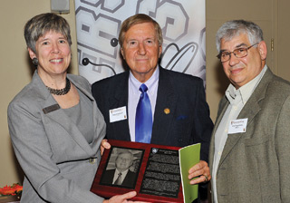 Recreation and Athletics Director Katie Sheahan, inductee Doug Daigneault, and 2002 Hall ofFame inductee former football coach Pete Regimbald. | Photo by Ryan Blau, PBL Photography