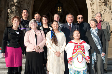 National Aboriginal Achievement Awards Recipients in front of Parliament (Front row, left to right - Cindy Blackstock, Audrey Poitras, Teyotsihstokwathe Dakota Brant, Annie Panguit Peterloosie, Corrine Hunt; (Back row - left to right) - Dr. Duncan Cree, Roger Jones, Margo L. Greenwood, Jean LaRose, Joseph F. Dion, Frederick G. Sasakamoose, Ronald Edward Sparrow. (Missing) - Dr. Lillian McGregor, Marcia Anderson DeCoteau