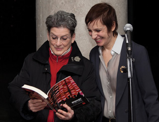 <i>Expo 67: Not Just a Souvenir</i> is filled with images, including the American (top) and Quebec Pavilions (middle). Above: CCA founder Phyllis Lambert (left) looks at the book with co-editor Johanne Sloan at the launch on January 25. The book began as a collaboration between the Faculty of Fine Arts and the CCA . | Photo by Concordia University
