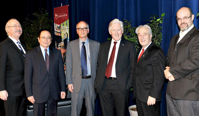 Concordia Provost and Vice-President, Academic Affairs, David Graham; Distinguished Professor Emeritus Henri Habib; Dean of Arts and Science Brian Lewis; Liberal MP Bob Rae; Concordia president and Vice Chancellor Frederick Lowy; and Department of Political Science Chair Peter Stoett.