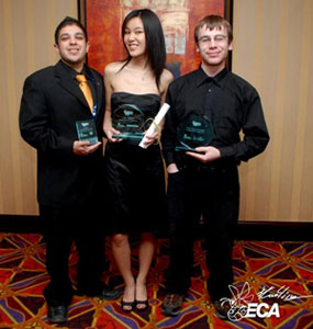 From left to right: Shan Wain, Sandy Woo and Matthew Plymale take home the hardware at the 2011 Quebec Engineering Competition. | Photo by Engineering & Computer Science Association