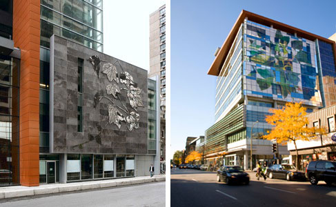 From left to right: Lierre sur pierre, designed by Geneviéve Cadieux. | Photo courtesy of the Faculty of Fine Arts; and Untitled, Nicolas Baier’s mural on the Engineering, Computer Science and Visual Arts Integrated Complex. | Photo courtesy of the Concordia University Magazine.