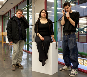 Khadija Baker performs <i>My little Voice can’t Lie</i> in the Webster Library foyer as part of <i>[in-tur-pri-tey-shunz]</i>, an exhibition on the overlap between oral history and contemporary art. | Photo by Concordia University