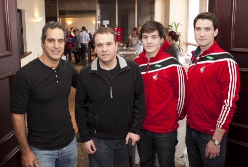 From left to right, Neil Janna of Janna Inc. and part-time comedian; Mike Russo from Facilities Management; with Olympians Vincent Couturier and Philippe Beaudry, who is also a student in the John Molson School of Business and who will be fencing in the 2012 Olympics with Team Canada. | Photo Concordia University