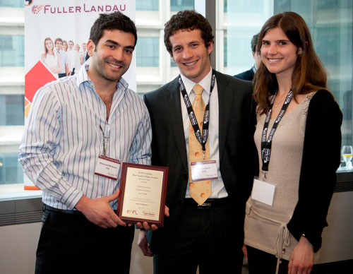 Left to right: Mohamed Meskaoui, Franco Reda and Isabelle Lusseyran earned the Graduate Student Award, May 17. | Photo courtesy of Fuller Landau LLP