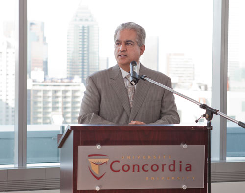 Sanjay Sharma addresses colleagues and well-wishers at farewell event on the 15th floor of the John Moslon School of Business. | Photo by Concordia University