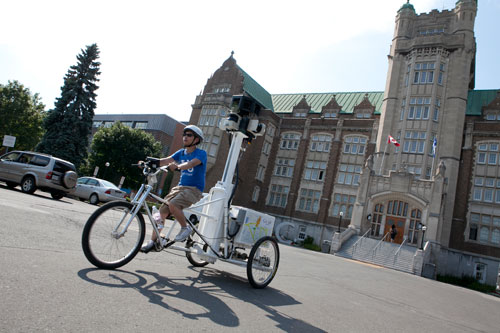 The Street View Trike tours the Loyola Campus in front of the Administration Building. | Photo by Concordia University