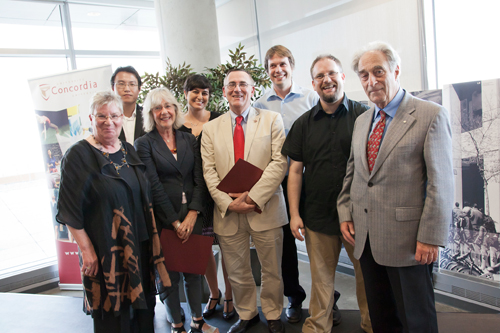From left: Vice-President, Research and Graduate Studies Louise Dandurand poses with research award recipients Zhigang Tian, Marguerite Mendell, Zeynep Arsel, Ted Stathopoulos, Alexandre Champagne, Dave Secko, and Concordia President Frederick Lowy. | Photos by David Ward