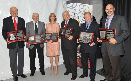 The individual 2011 inductees (left to right): Richard Freitag, BSc 59 (Sir George Williams), men’s basketball; George Lengvari, BA 63 (Loyola), men’s basketball; Alexandra Jones, BA 92, women’s soccer; George Springate, BA 65 (Sir George Williams), builder; Stingers men’s hockey coach Kevin Figsby, representing the Heritage recipients; Harry Trihey, Jack Brannen and Arthur Farrell (Montreal Shamrocks); and Paul Palma, Attendee 83, football. | Photo by Ryan Blau/PBL Photography