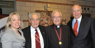 Left to right: Acting Vice-President, Advancement and Alumni Relations Dominique McCaughey; Concordia President and Vice-Chancellor Frederick Lowy; Distinguished Professor Emeritus Fr. John (Jack) E. O’Brien, SJ, BA 45 (Loyola) and President of the Loyola Alumni Association Donal Ryan, B Comm 67 (Loyola). | Photo by PBL Photography