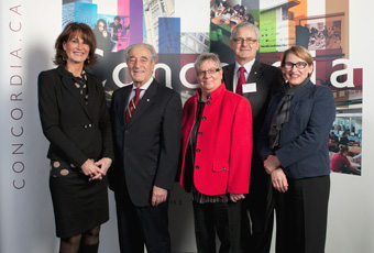 From left: Kathleen Weil, Minister of Immigration and Cultural Communities and MNA for Notre-Dame-de-Grâce; Frederick Lowy, President and Vice-Chancellor, Concordia University; Louise Dandurand, Vice-President of Research and Graduate Studies; Marc Garneau, Member of Parliament for Westmount-Ville-Marie; and Suzanne Fortier, President, Natural Sciences and Engineering Research Council of Canada (NSERC).