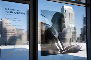 The atrium windows feature images from John O’Brien’s career. | Photos by Concordia University