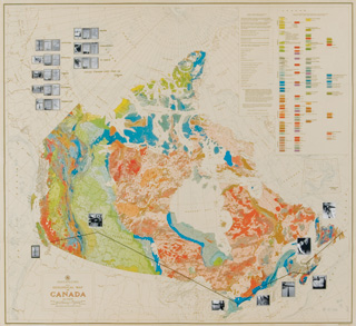 Bill Vazan, Canada Line, 1970, map of Canada with 32 silver prints. | Image courtesy of Bill Vazan and the Leonard and Bina Ellen Art Gallery.