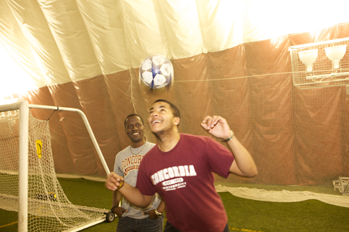 Showing off soccer skills in the Stinger Dome.