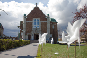 Pinwheels welcome visitors to the Loyola Chapel fête on April 25.