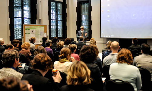 Concordia University Librarian Gerald Beasley addresses the audience at the 10th annual Library Research Forum on April 27.